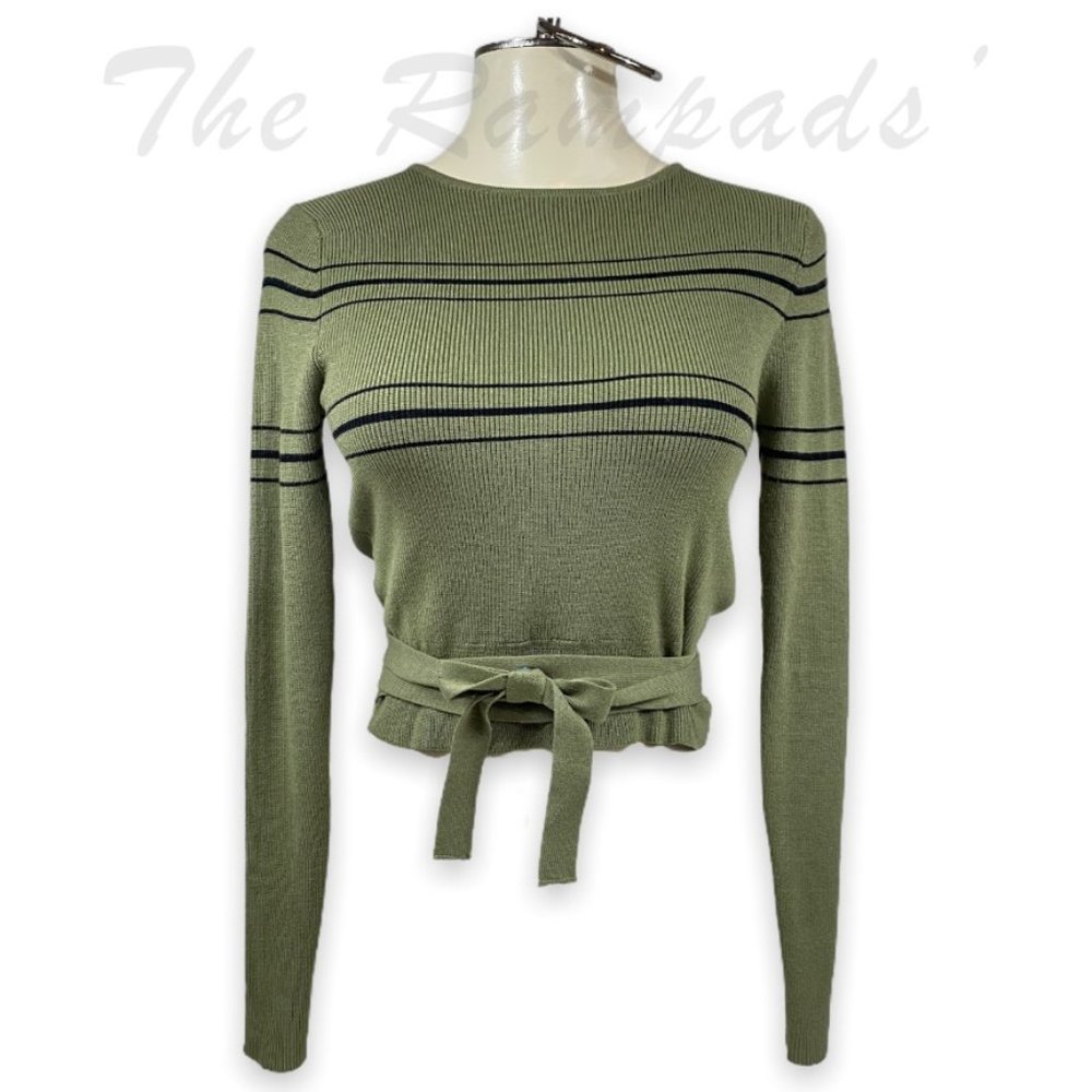 Zara Knit Olive Green with Black Wrap Tie Waist Top Size Small